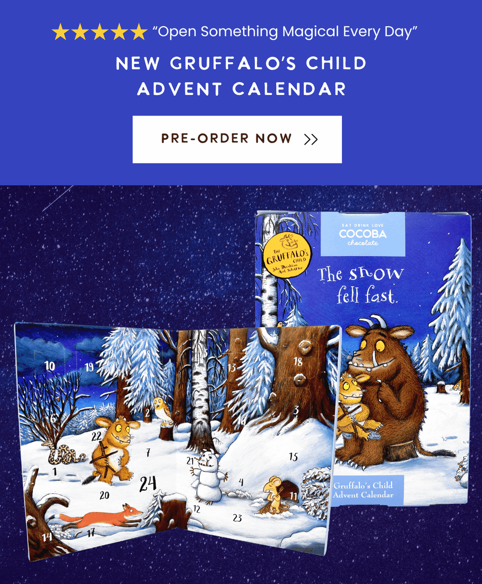 Gruffalo's Child Advent Calendar with snowy scene and Gruffalo illustration on a blue background.