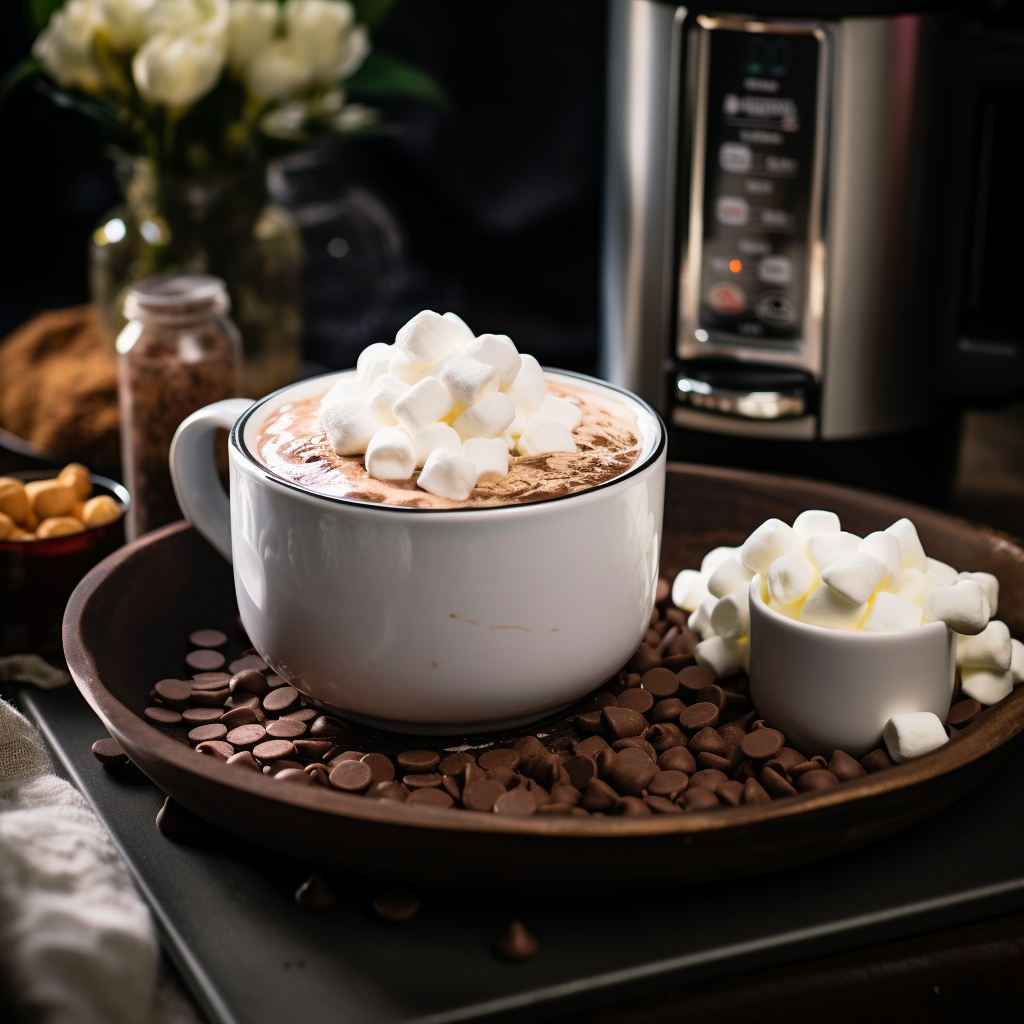 A mug of hot chocolate topped with marshmallows in a tray decorated with chocolate chips with a slow cooker in the background 