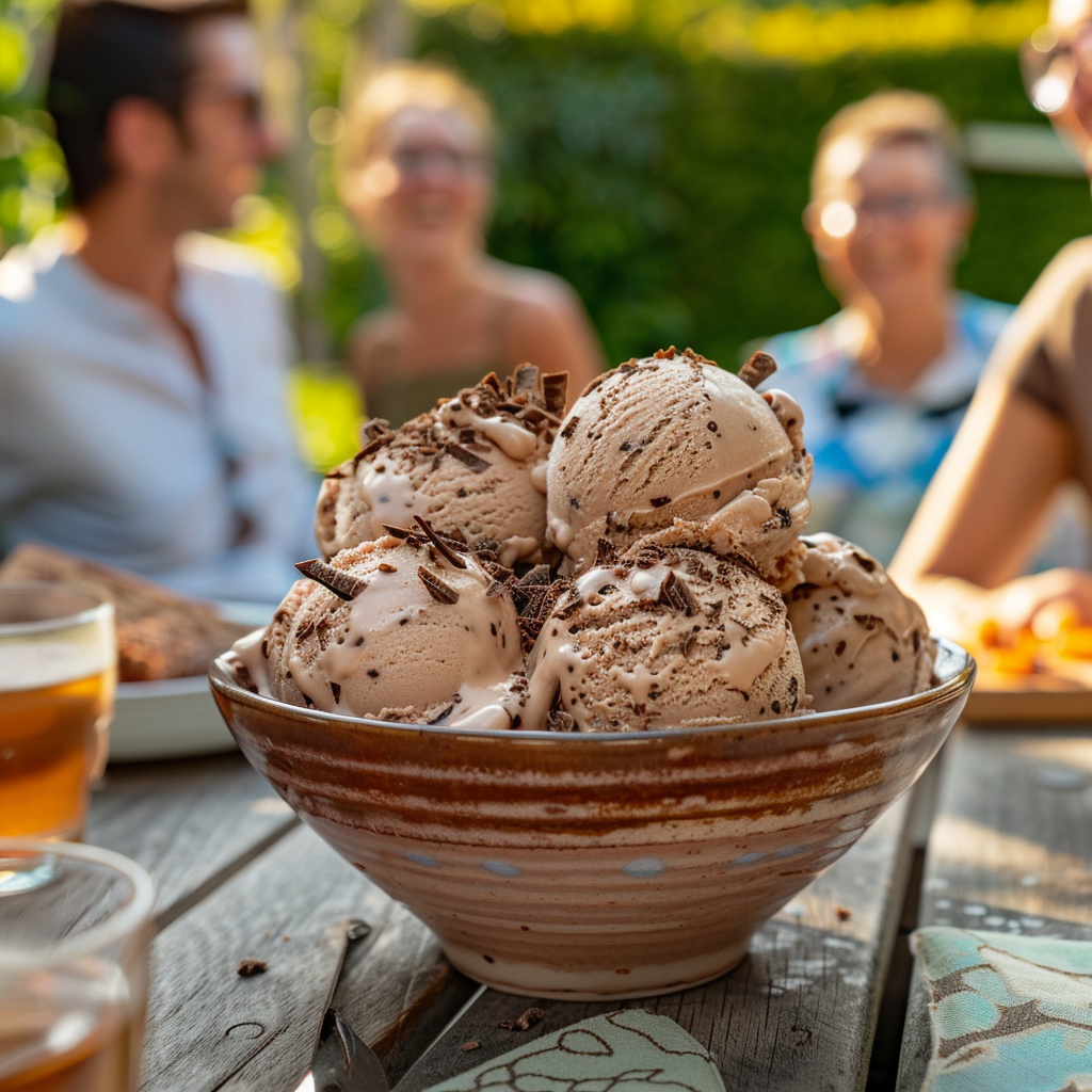 a bowl of homemade chocolate ice cream on a picnic table outside with people laughing and smiling in the background enjoying the summer sun