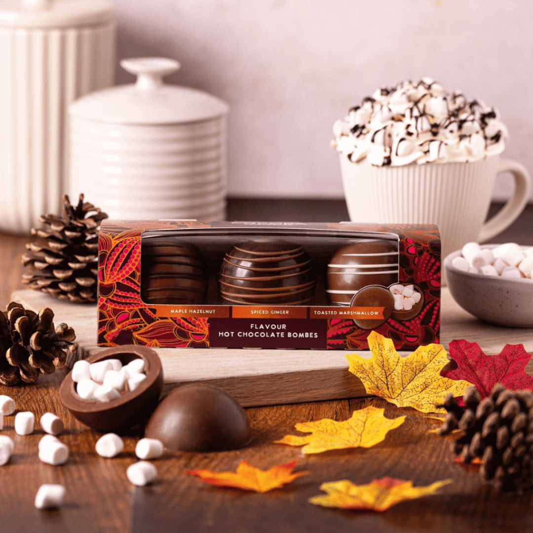 Winter Warmer Hot Chocolate Bombs with Marshmallows on an Autumnal backgraound