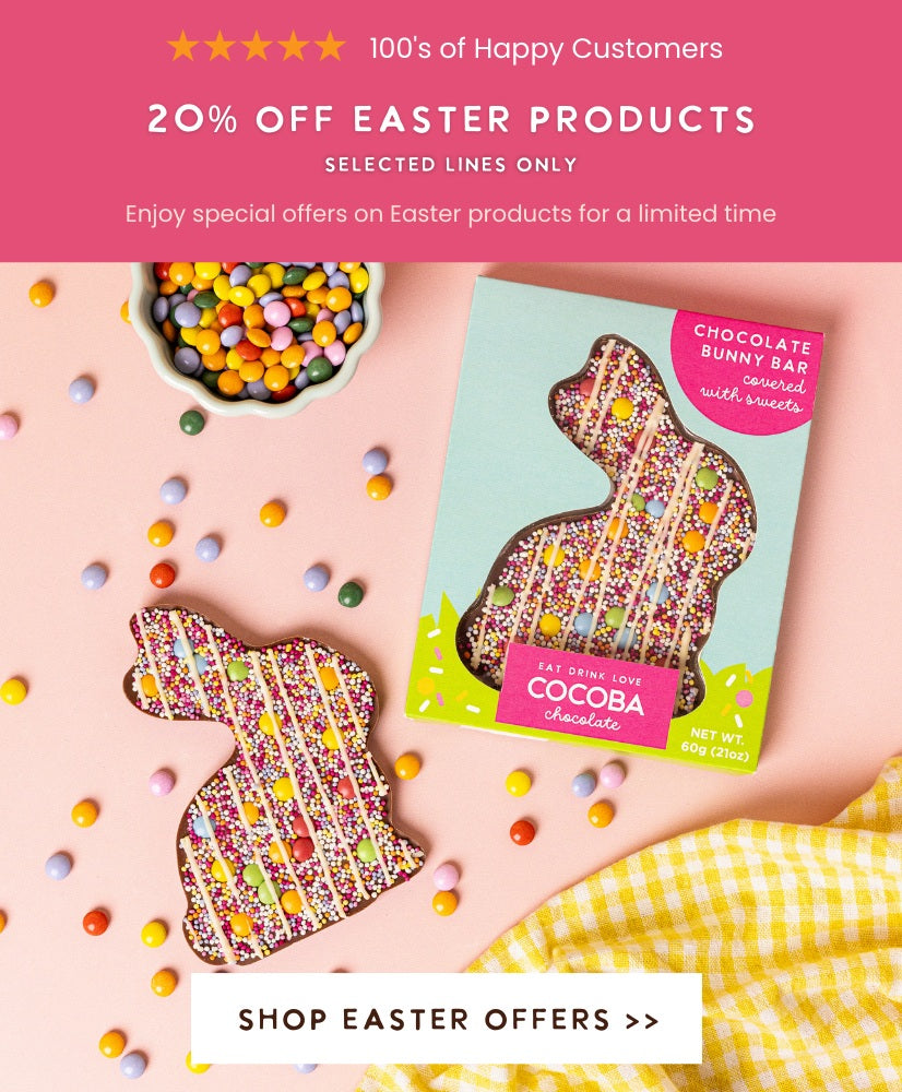 Promotional banner for 20% off Easter products, showing colorful bunny-shaped chocolate treats.