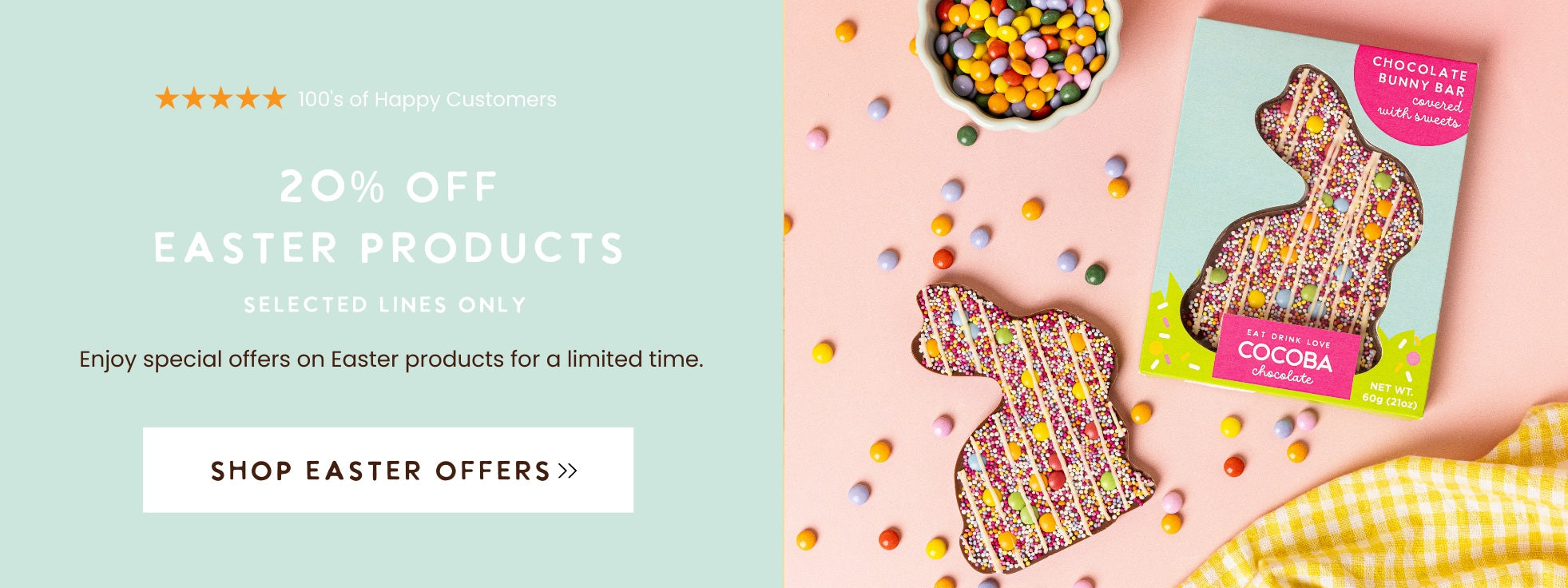 Promotional banner for 20% off Easter products, showing colorful bunny-shaped chocolate treats.
