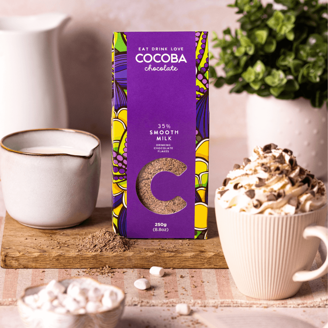 Cocoba 35% chocolate drinking flakes and a hot chocolate 