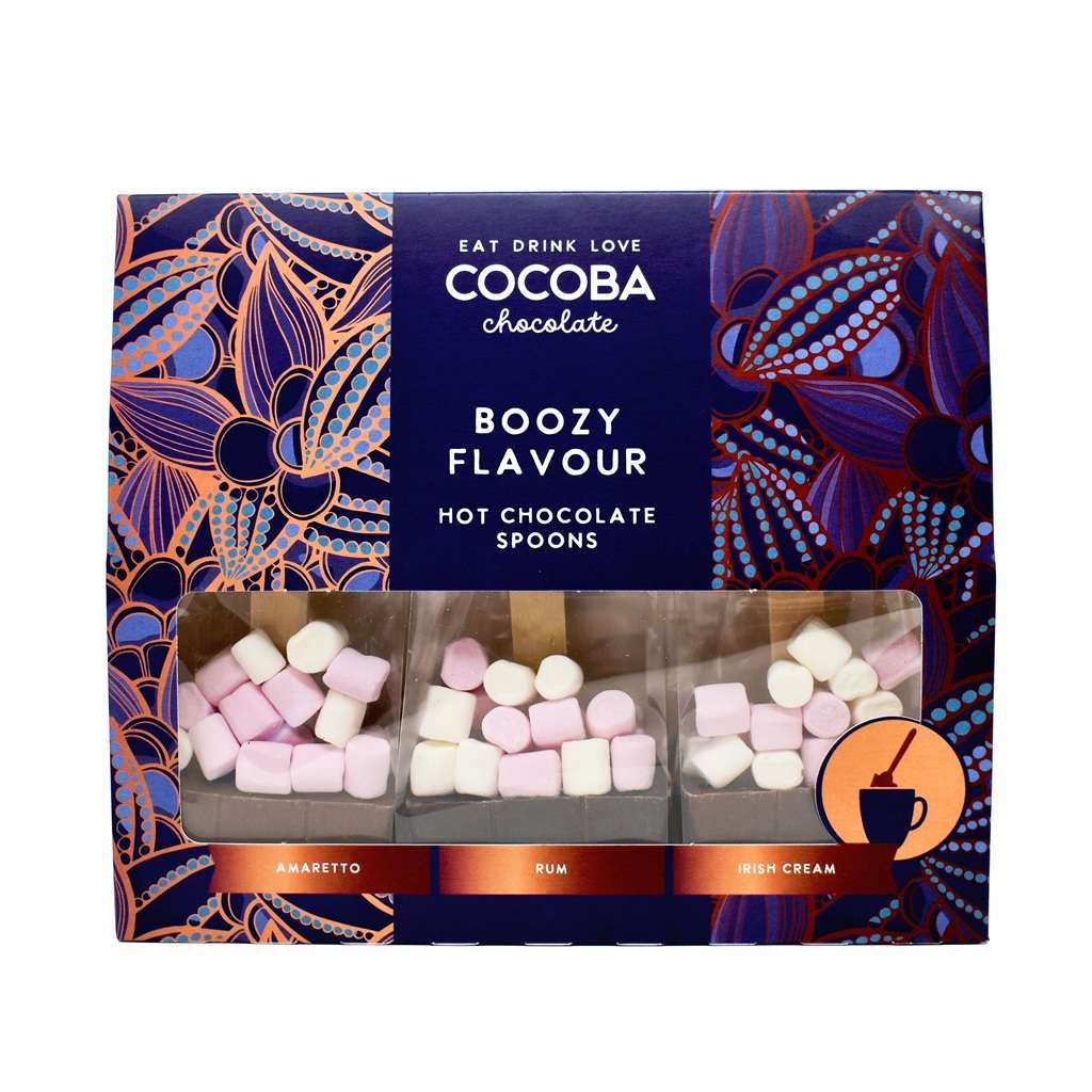 Cocoba chocolate boozy flavor hot chocolate spoons packaging with colorful design