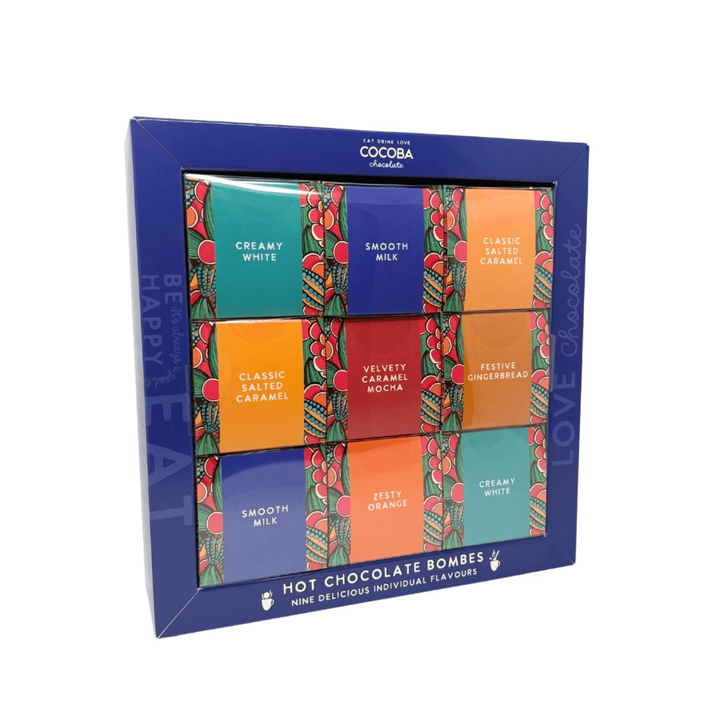 Colourful Gift Box containing a variety of 9 different flavoured Hot Chocolate Bombs