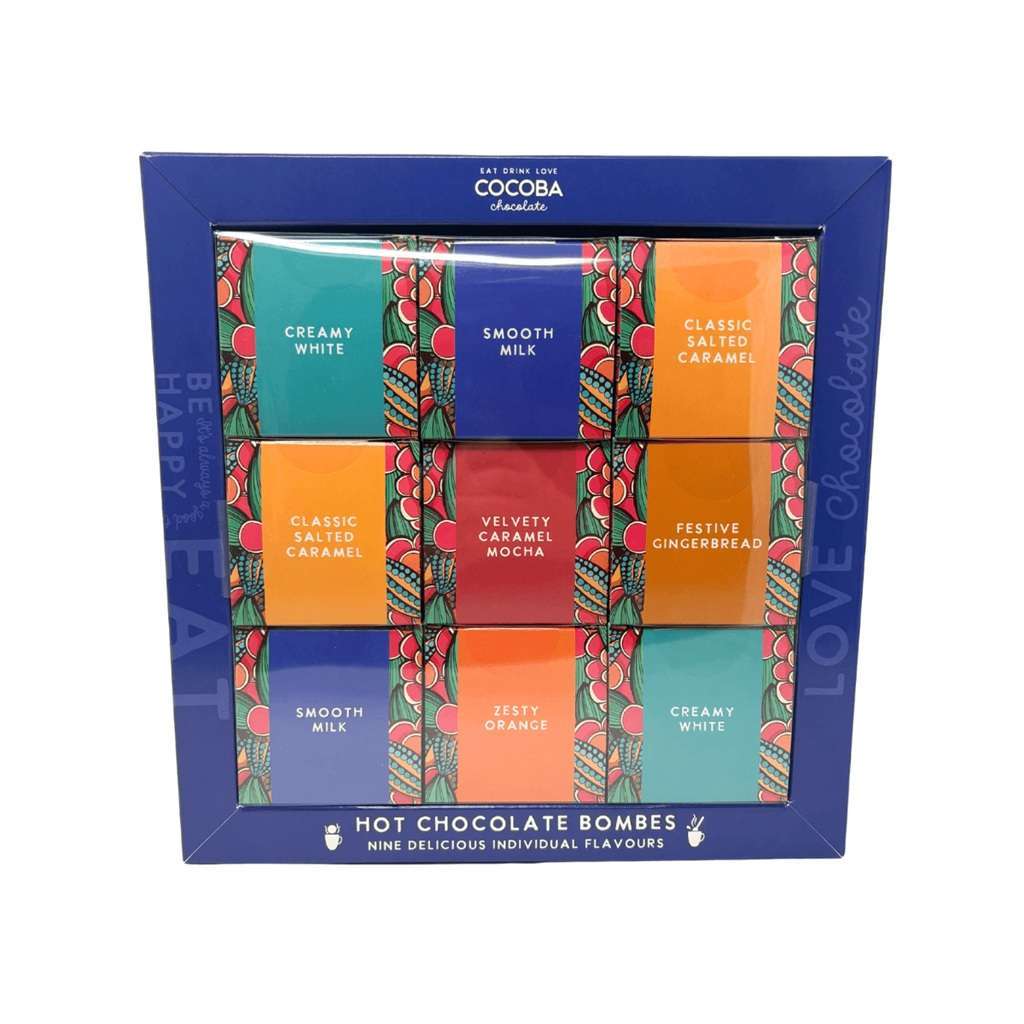 Colourful Gift Box containing a variety of 9 different flavoured Hot Chocolate Bombs