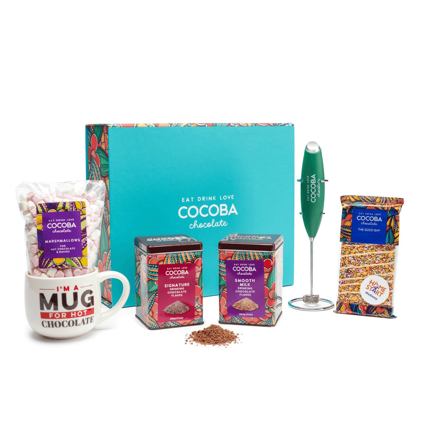 Cocoba chocolate gift set with mug, packaging, and mixer on a white background