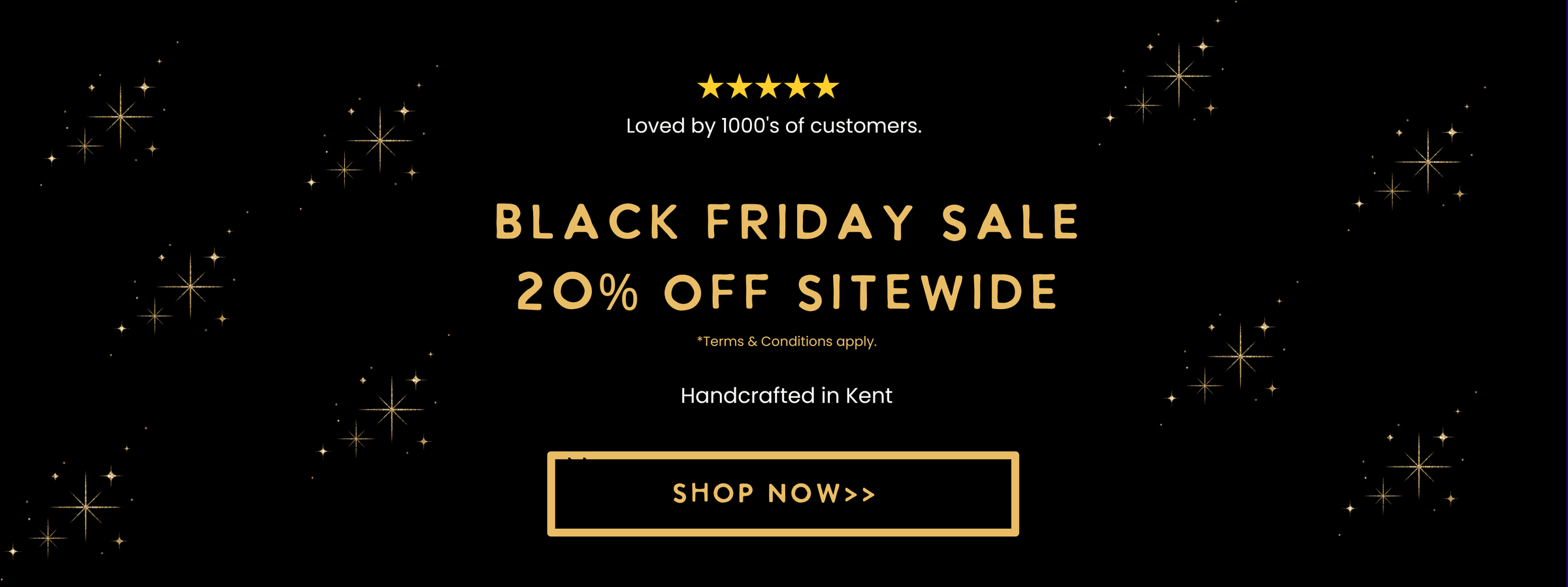 Black Friday sale banner with stars and a 'Shop Now' button on a black background