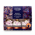 Cocoba Chocolate Boozy Flavour Hot Chocolate Spoons in a dark blue patterned box with a clear window showing pink and white marshmallows, on a white background.