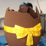 Large chocolate broken egg with a yellow ribbon being worked on by a person wearing gloves.