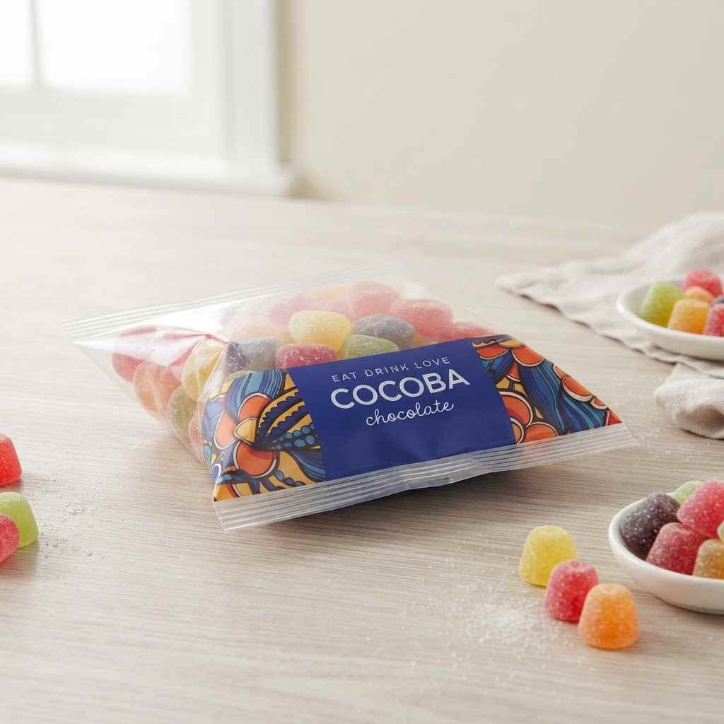 A clear bag of Cocoba edible candy gums with a blue and orange label, set on a light wooden table with scattered colorful candies and small bowls in the background.