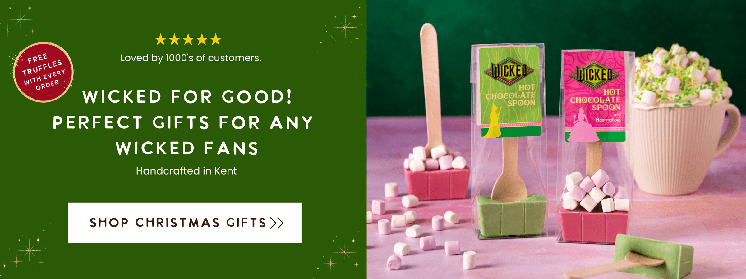 Wicked for Good products with promotional text on a green background