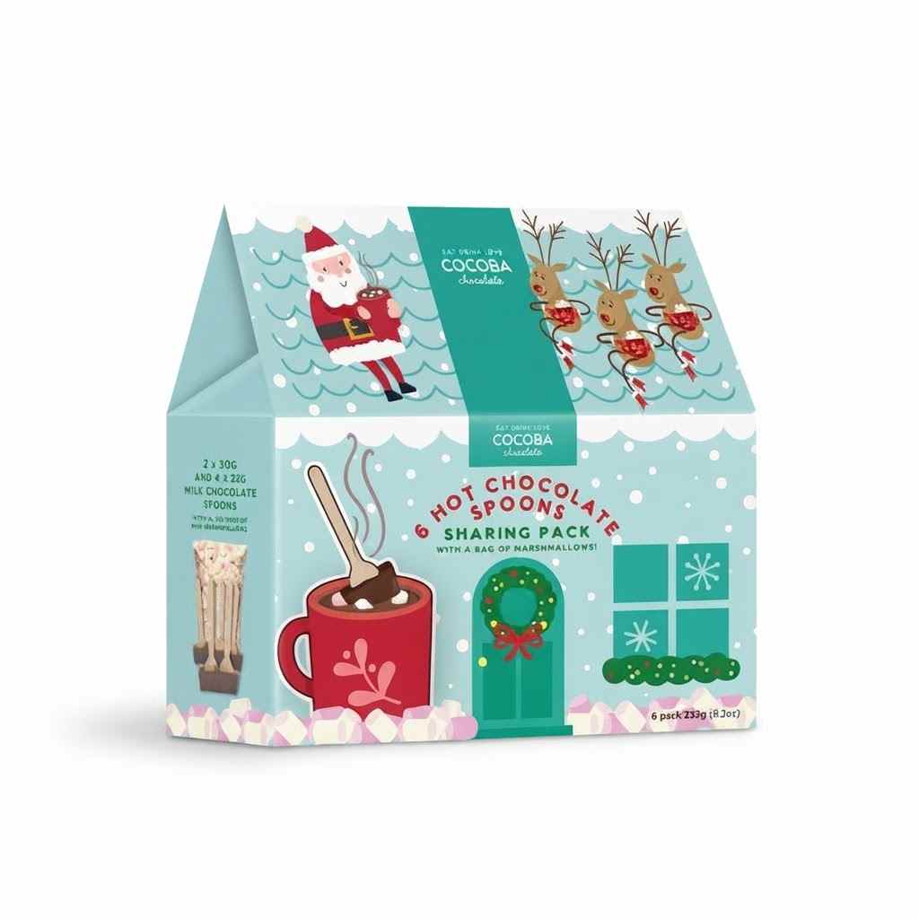 Cocoa Brothers 6 Hot Chocolate Sharing Pack in a festive light blue and teal gift box with illustrations of Santa Claus, reindeer, a red mug, and holiday decorations.