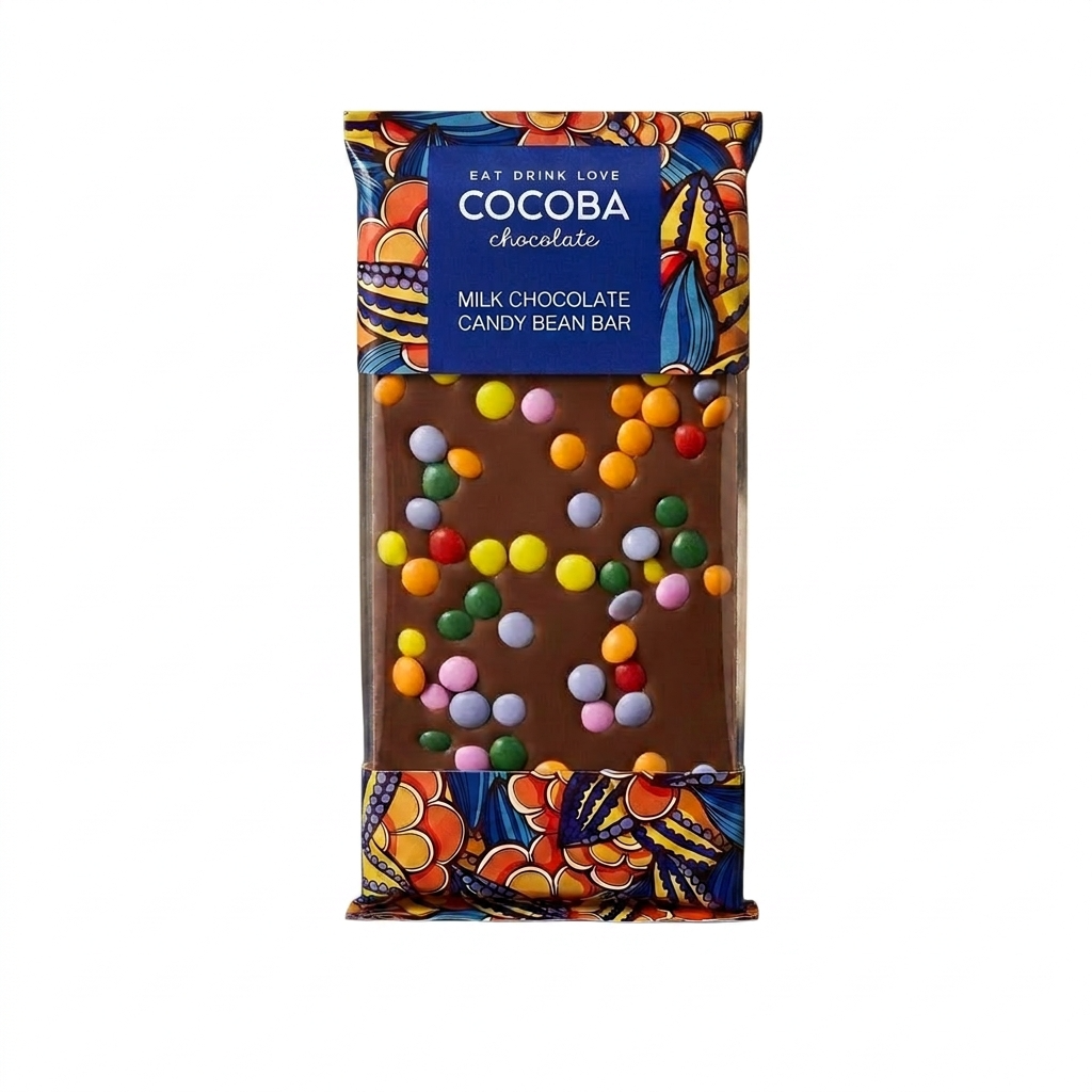 Cocoba chocolate candy bean bar packaging with colorful candies on a white background