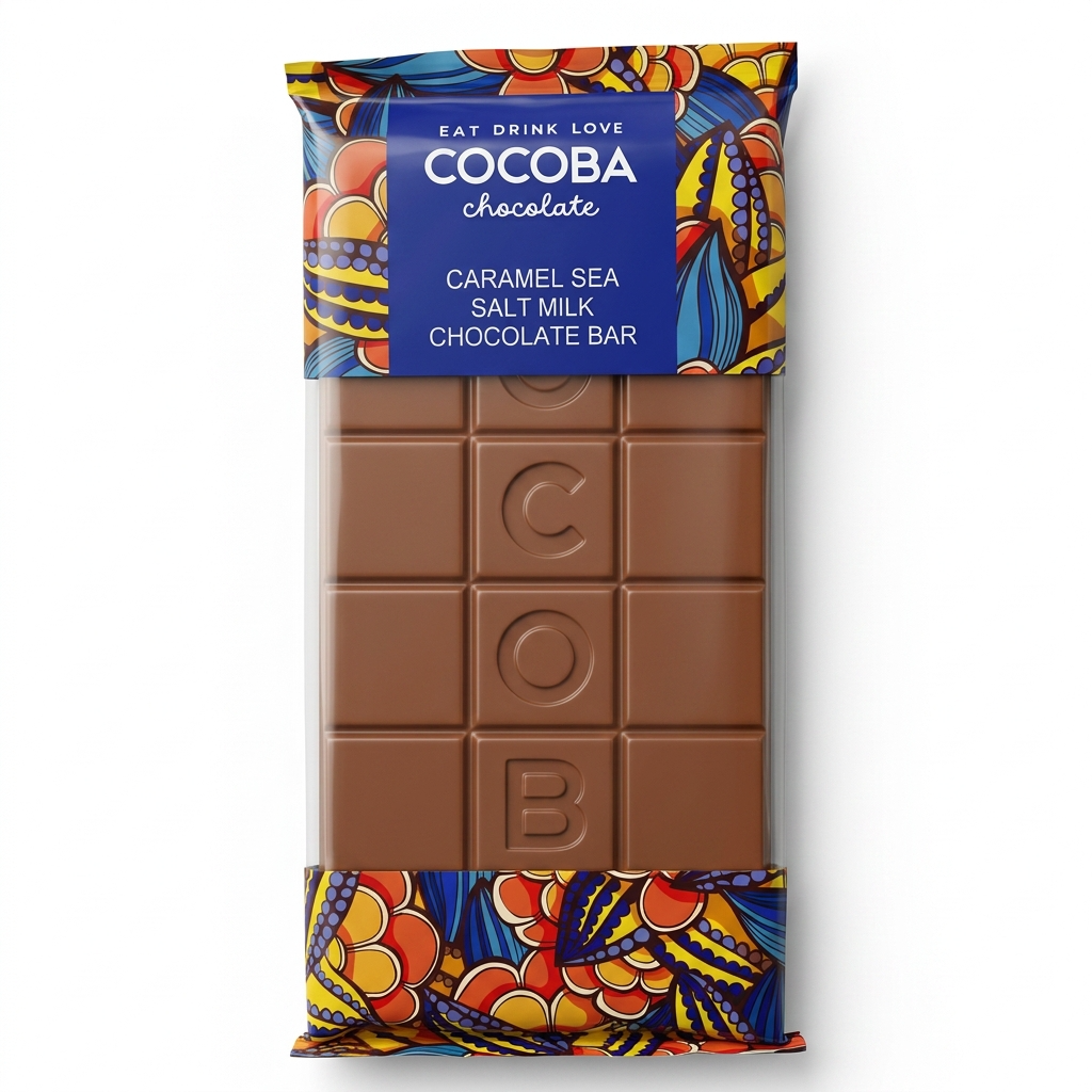 Cocoba chocolate bar with colorful packaging on a white background