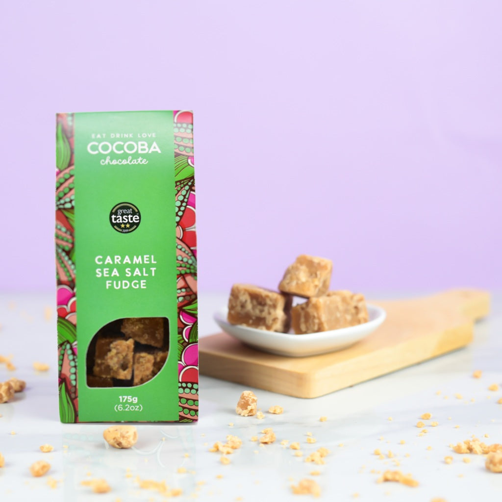 Cocoba Caramel Sea Salt Fudge packaging with fudge pieces on a plate and scattered around on a light purple background.