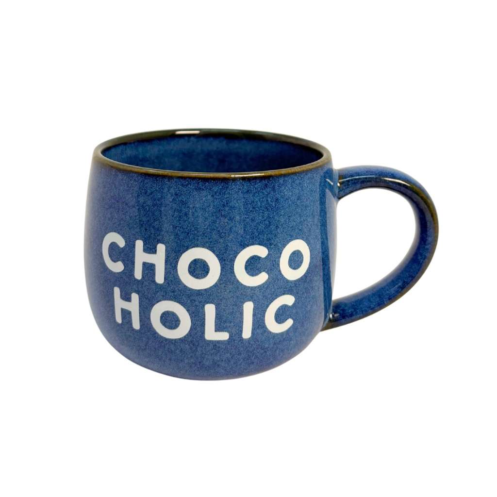 Blue Cocoba mug with 'CHOCOHOLIC' text on a white background
