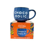 Blue Cocoba mug with 'CHOCOHOLIC' text in white. Comes in a colorful protective box, featuring Cocoba branding.