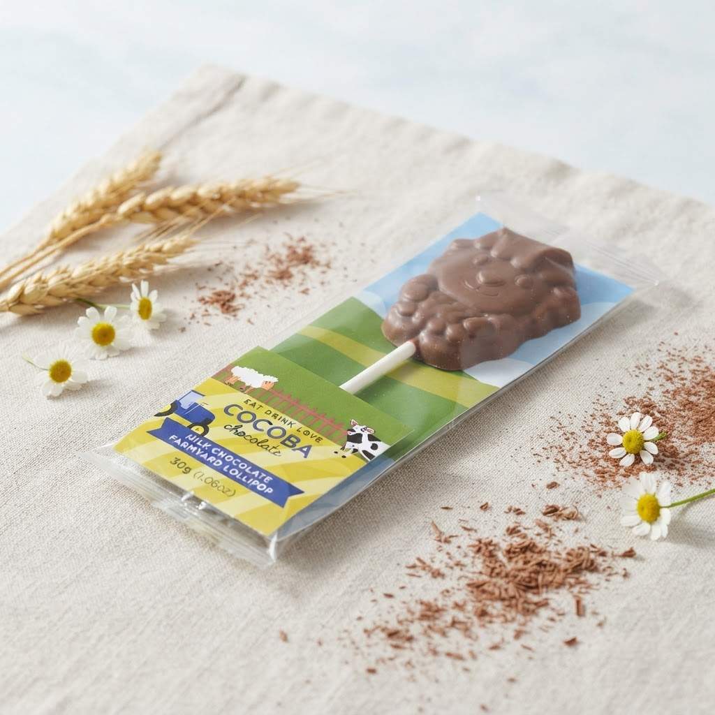 A packaged chocolate-covered lollipop on a stick, placed on a light fabric surface with wheat stalks, daisies, and cocoa powder scattered around. The package label reads 'Cocoa Lollipop' and shows a brown chocolate-covered treat above a green-and-blue illustrated background.