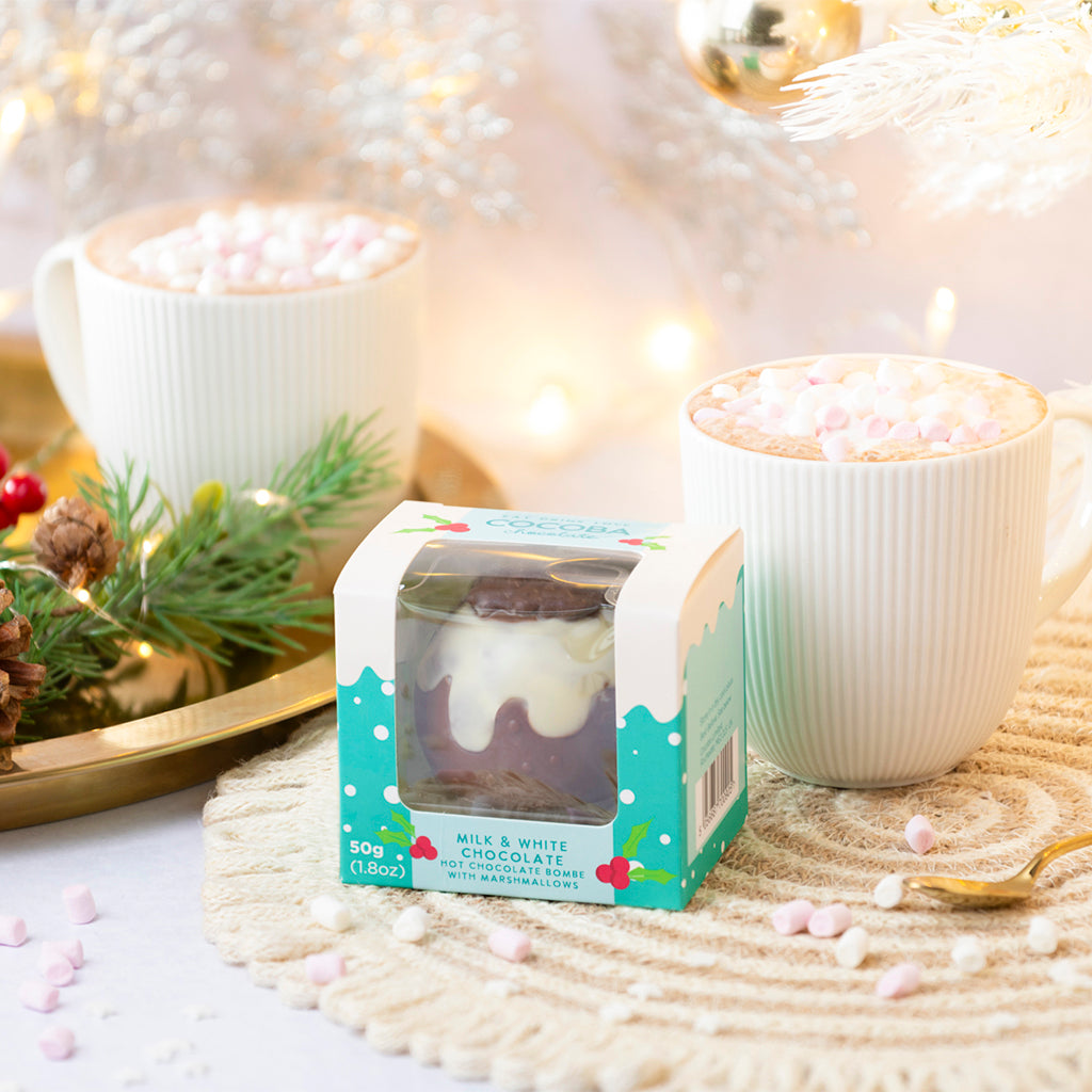 Milk & White Chocolate Christmas Pudding Hot Chocolate Bombe with Marshmallows