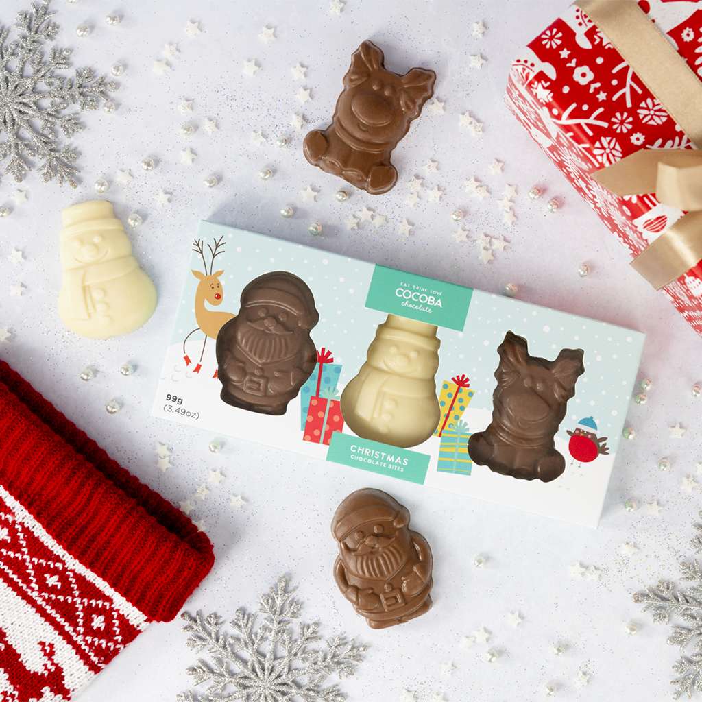 A gift of three 33g Christmas Chocolates for Kids in the shapes of Santa, Reindeer and Snowman