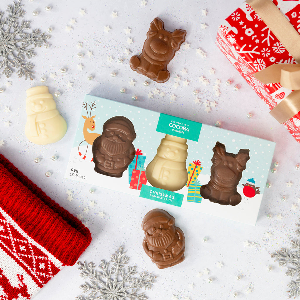 A gift of three 33g Christmas Chocolates for Kids in the shapes of Santa, Reindeer and Snowman