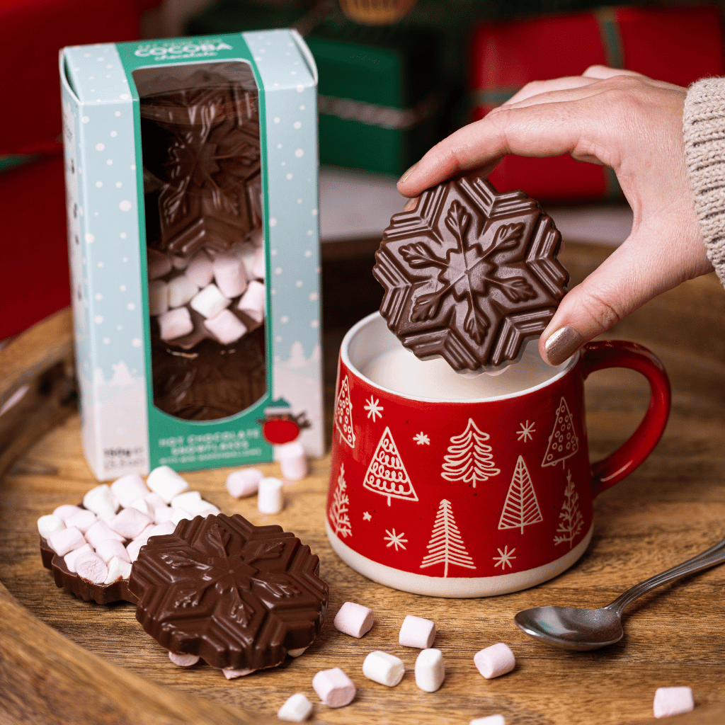 Hot Chocolate Snowflake Melts with Marshmallows bring dropped in to a Christmas Mug