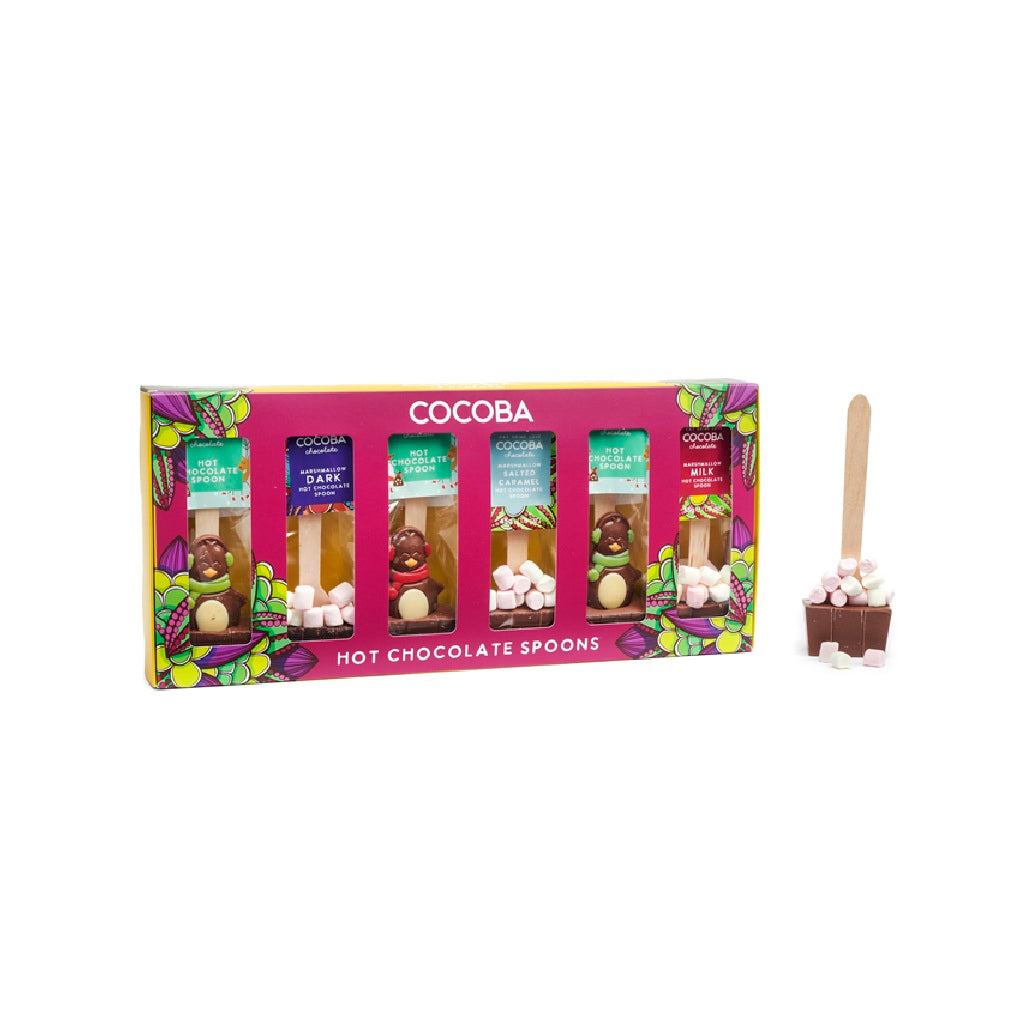 Cocoba Festive Penguin hot chocolate spoons, plus three flavoured hot chocolate spoon in a stylish Cocoba box set.