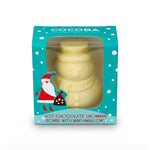 Cocoba hot chocolate snowman bombes with marshmallows in its original teal and white retail packaging, featuring a cartoon Santa graphic.