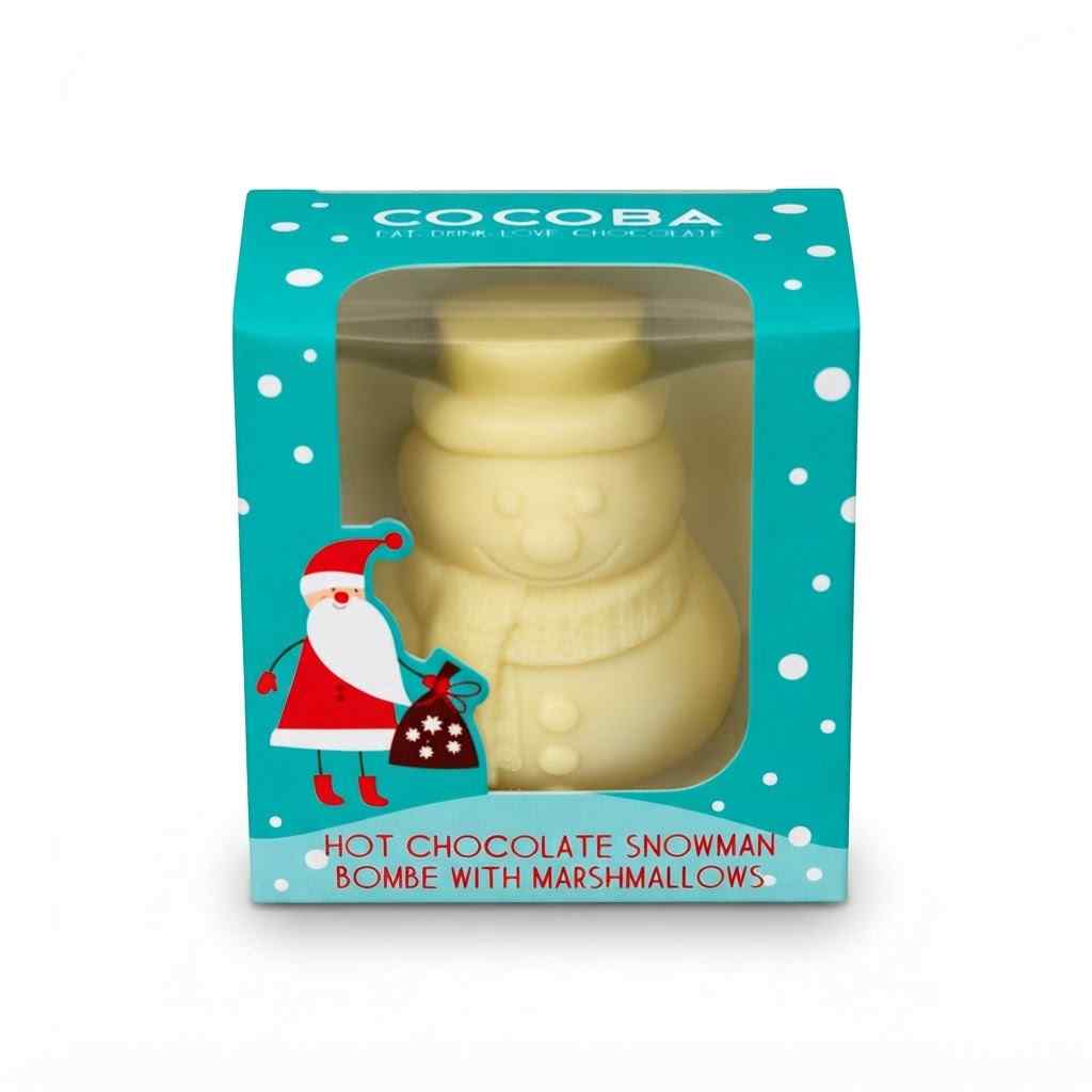 Cocoba hot chocolate snowman bombes with marshmallows in its original teal and white retail packaging, featuring a cartoon Santa graphic.