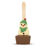 A novelty chocolate-covered stick with a snowman decoration on top, set against a plain white background.