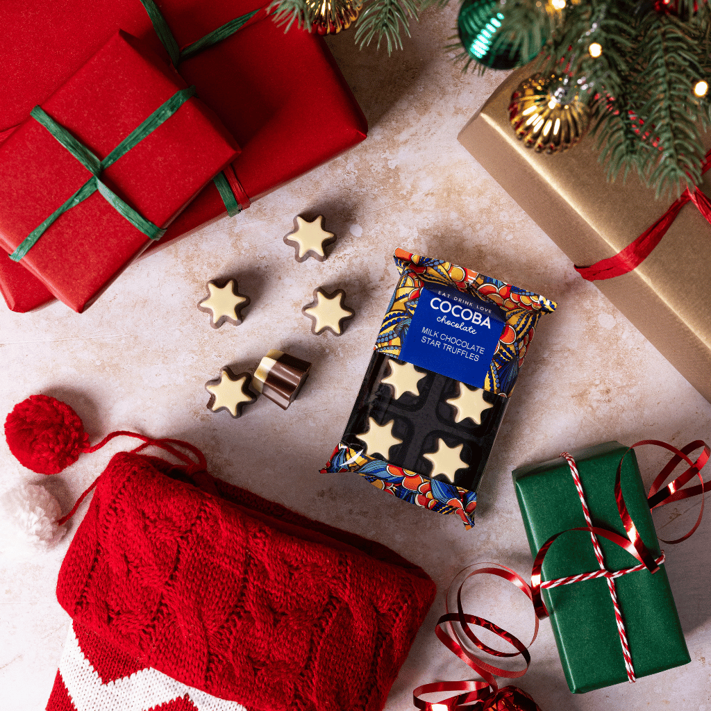 Milk Chocolate Star Truffles by a Christmas tree