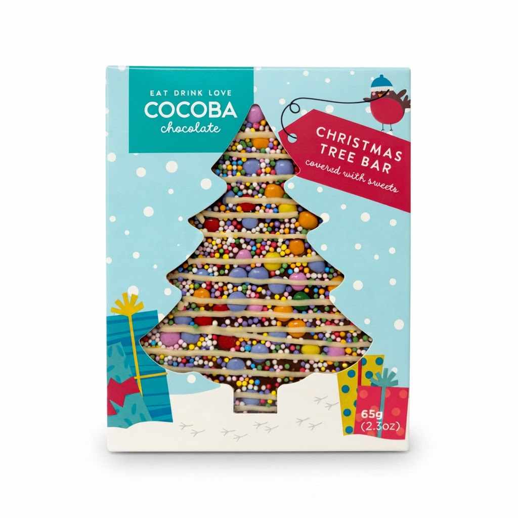 Cocoba Christmas Tree Chocolate Bar covered with sweets in original packaging