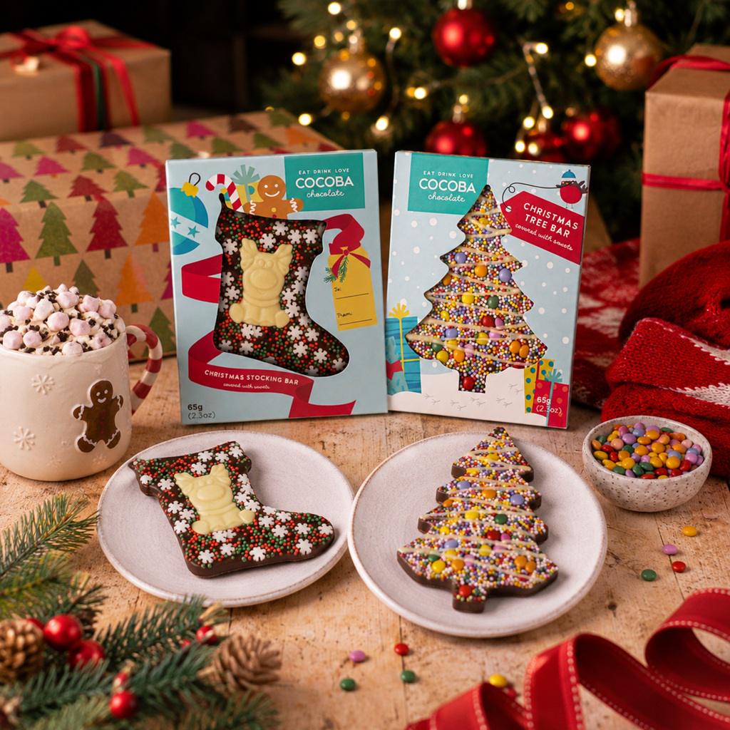 Two Christmas-themed Chocolate Bars in Festive boxes displayed on a wooden table. The left box contains a stocking-shaped Chocolate Bar with white icing and red/green sprinkles, and the right box contains a tree-shaped Chocolate Bar covered in multicolored candy.