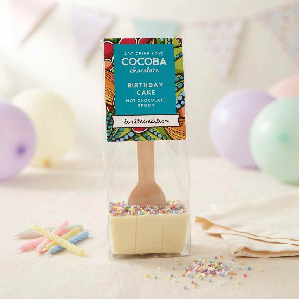 A packaged hot chocolate spoon with a colorful 'Cocoba Chocolate' label, filled with white chocolate and topped with rainbow sprinkles, set on a table with pastel balloons and candles in the background.