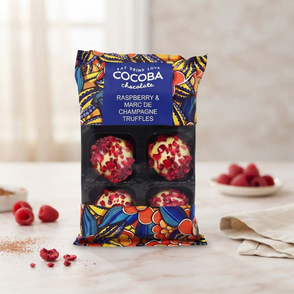A package of Cocoba Chocolate Raspberry & Marc de Champagne Truffles stands on a light marble surface with raspberries and a cloth nearby. The packaging is colorful with a blue label and floral patterns, and the truffles are visible through a clear window.