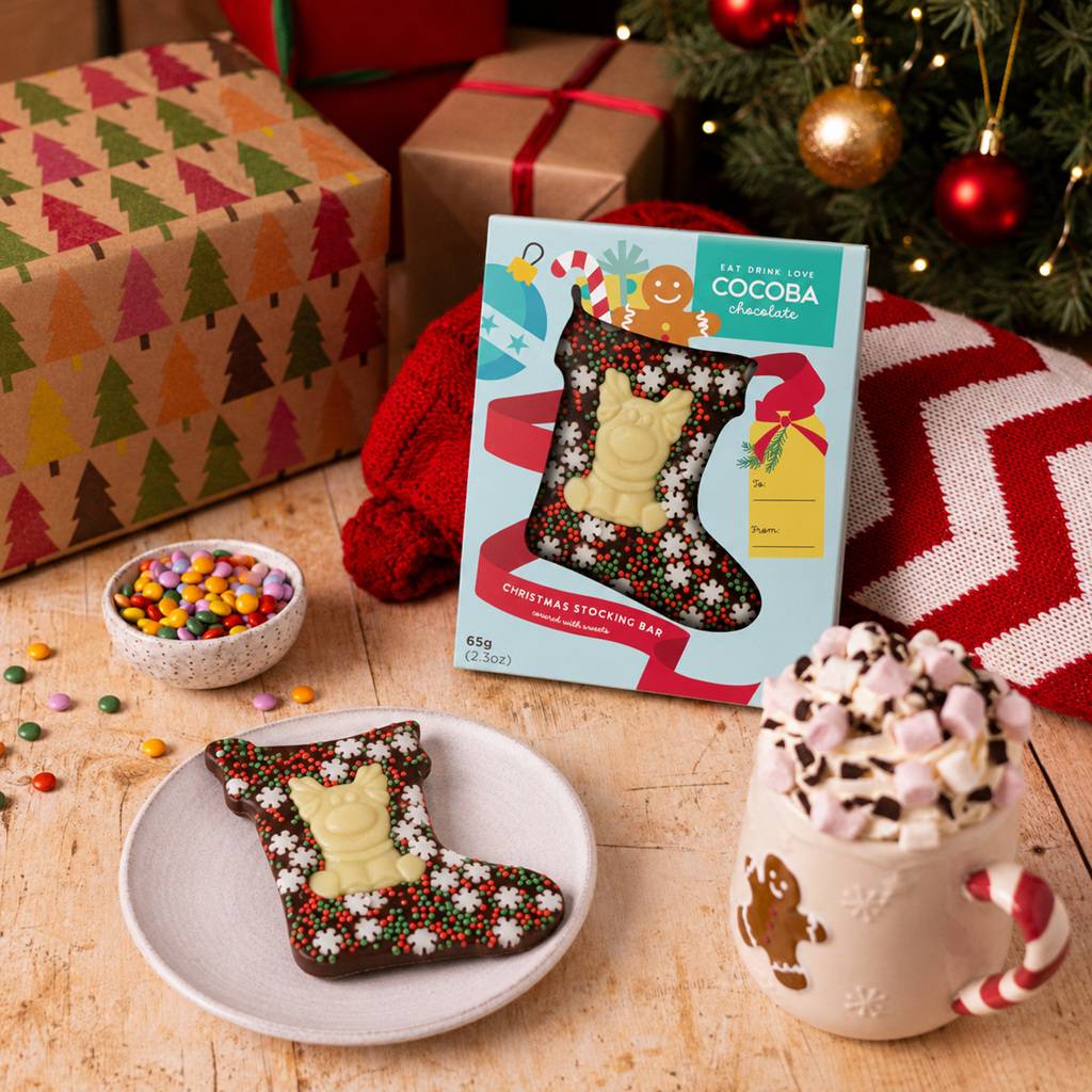 A boxed Christmas stocking chocolate bar in festive Christmas packaging sits on a wooden table beside a Christmas stocking chocolate bar on a plate, with a mug of hot chocolate with marshmallows, wrapped gifts, and a Christmas tree in the background. 