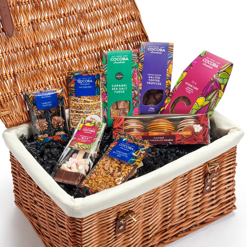 Wicker gift basket with assorted Cocoba chocolates, truffles and hot chocolate products