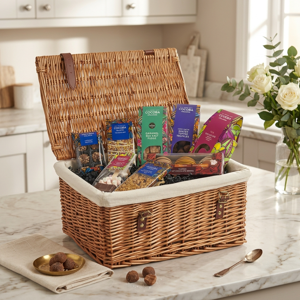 Wicker gift basket with cocoba chocolate snacks on a kitchen counter