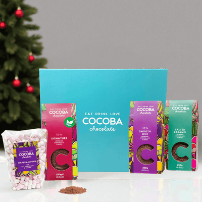 Hot Chocolate Flakes Gift set on a white background.