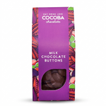 Cocoba chocolate buttons in purple packaging and colorful patterns.