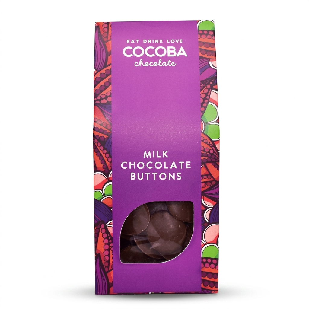 Cocoba chocolate buttons in purple packaging and colorful patterns.