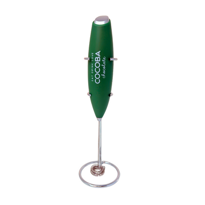 Green handheld milk frother and stand with 'Cocoba' branding on a white background