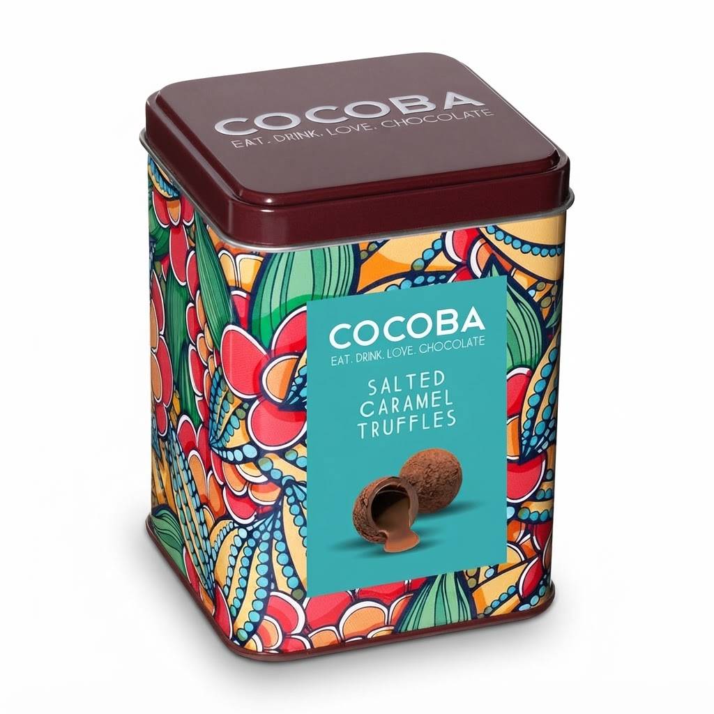 A square metal tin of Cocoba Salted Caramel Truffles, featuring a colorful floral and paisley pattern on the sides and a dark red lid with the brand name 'COCOBAA' in white. The front has a turquoise label showing a chocolate truffle.