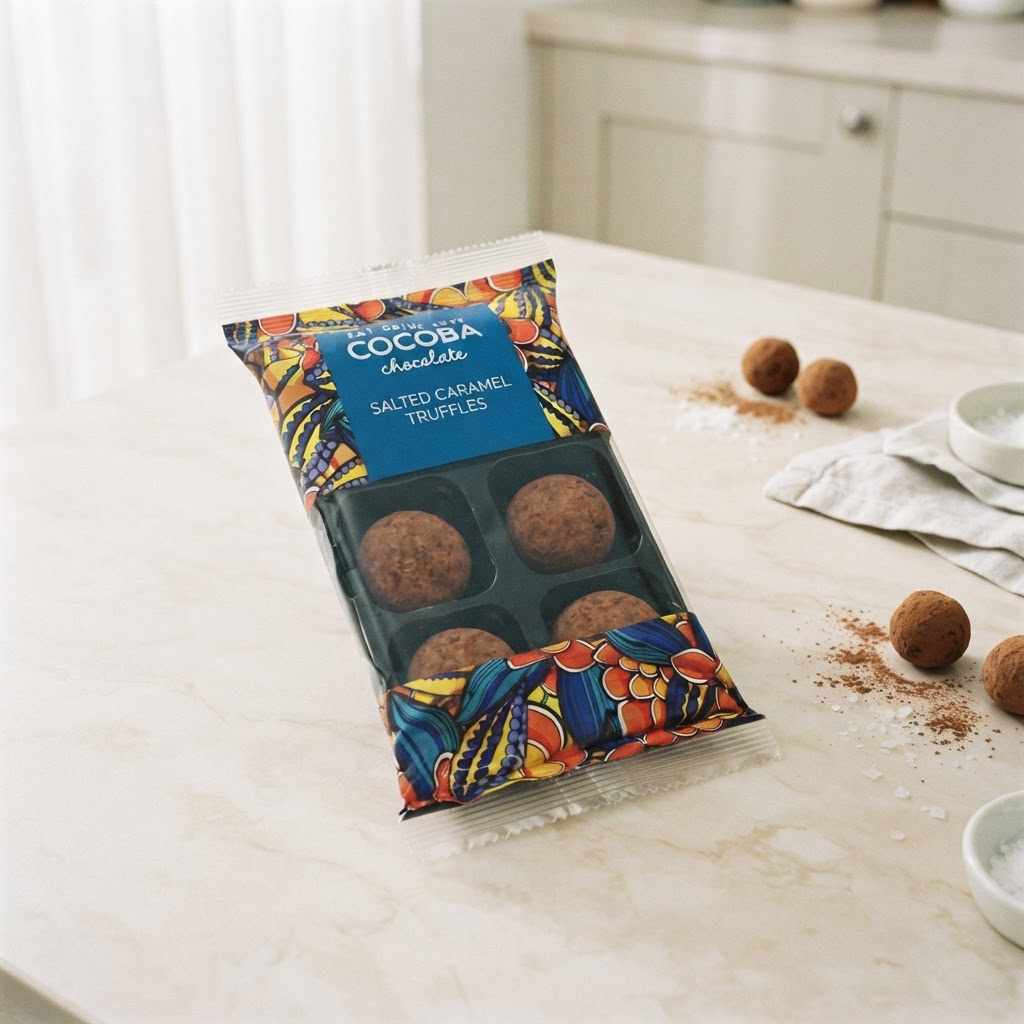 A package of chocolate-covered caramel truffles on a light marble countertop with a few loose truffles and cocoa powder scattered nearby.