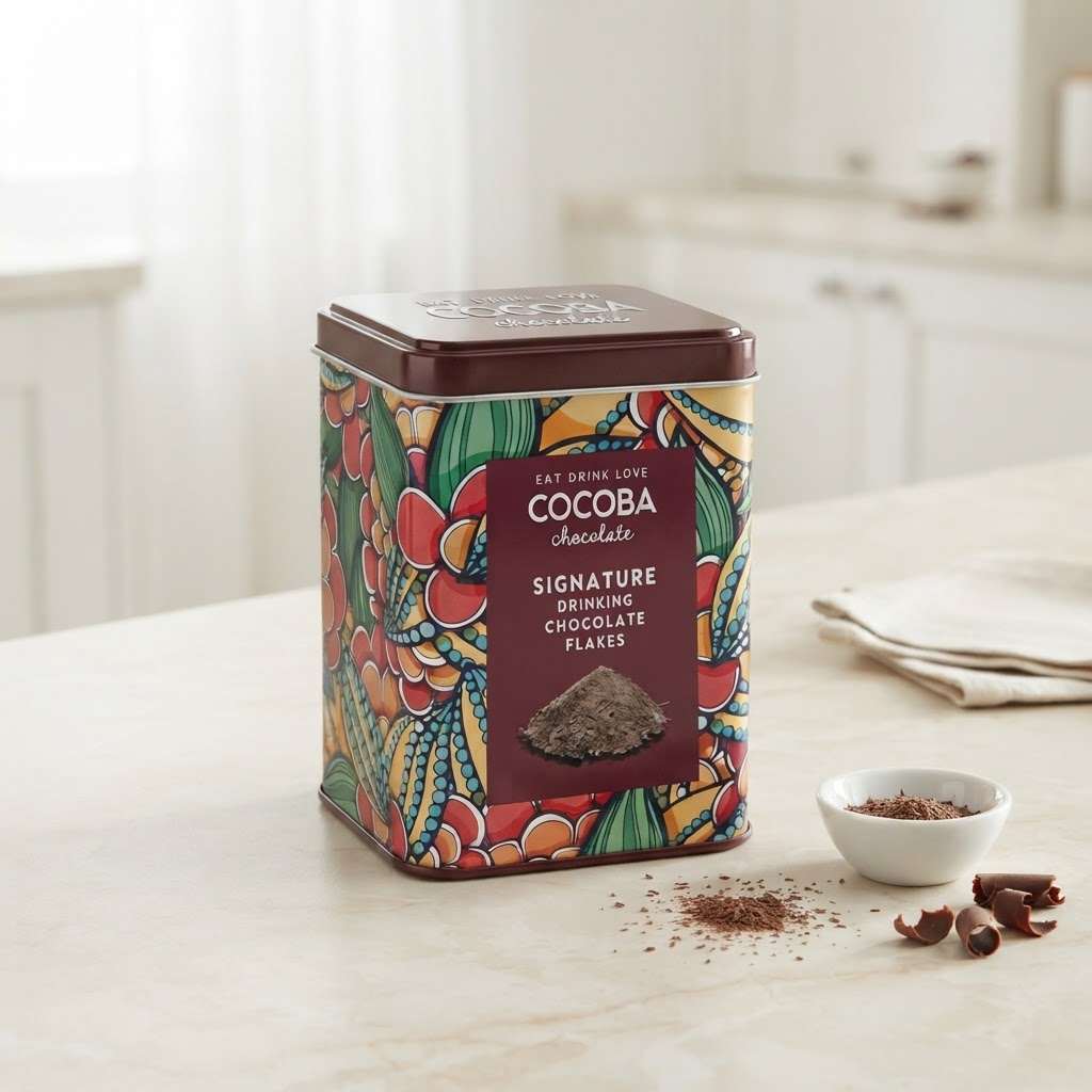 Cocoba Drinking Chocolate Flakes Gift Tin in White Kitchen