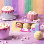 Unicorn Hot Chocolate Bombes with Colour Surprise and Marshmallows (3 bombes) on colourful background 