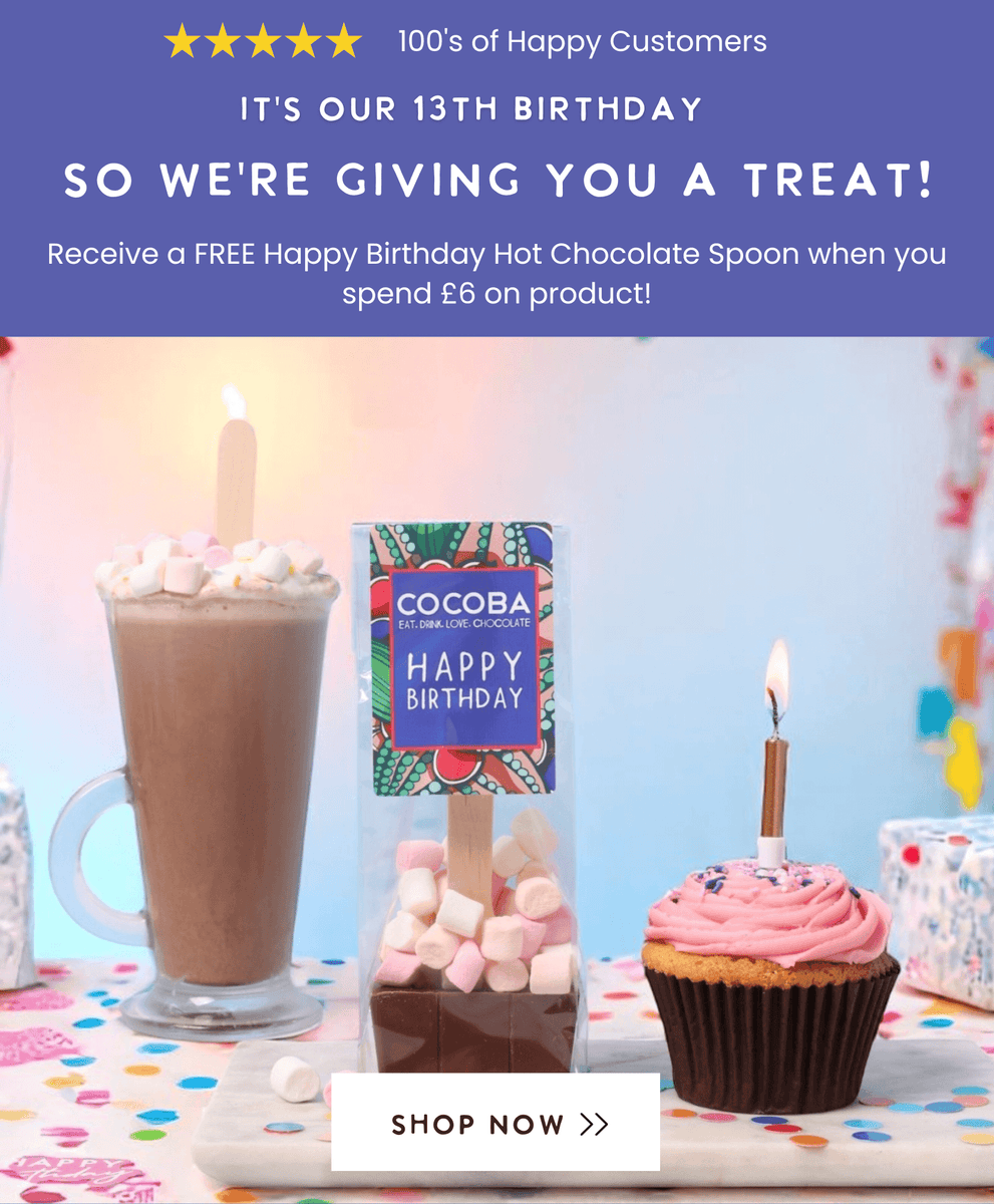 Cocoba Happy birthday Hot chocolate spoons with a hot chocolate and cupcake with a candle.
