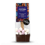 Cocoba Chocolate Marshmallow Dark Hot Chocolate Spoon in a clear plastic bag with a colorful label, showing marshmallows and dark chocolate inside.