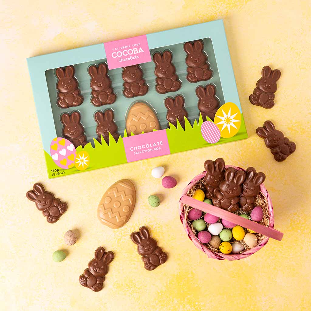 Easter Chocolate Bunny Bites with a Golden Caramel Chocolate Egg